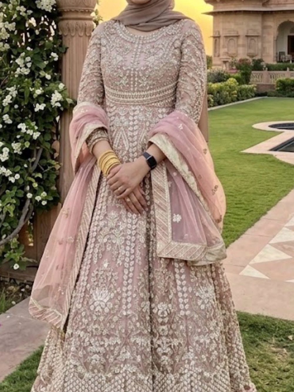 Pakistani Embroidered Pink Maxi Dress with fancy embroidered dupatta